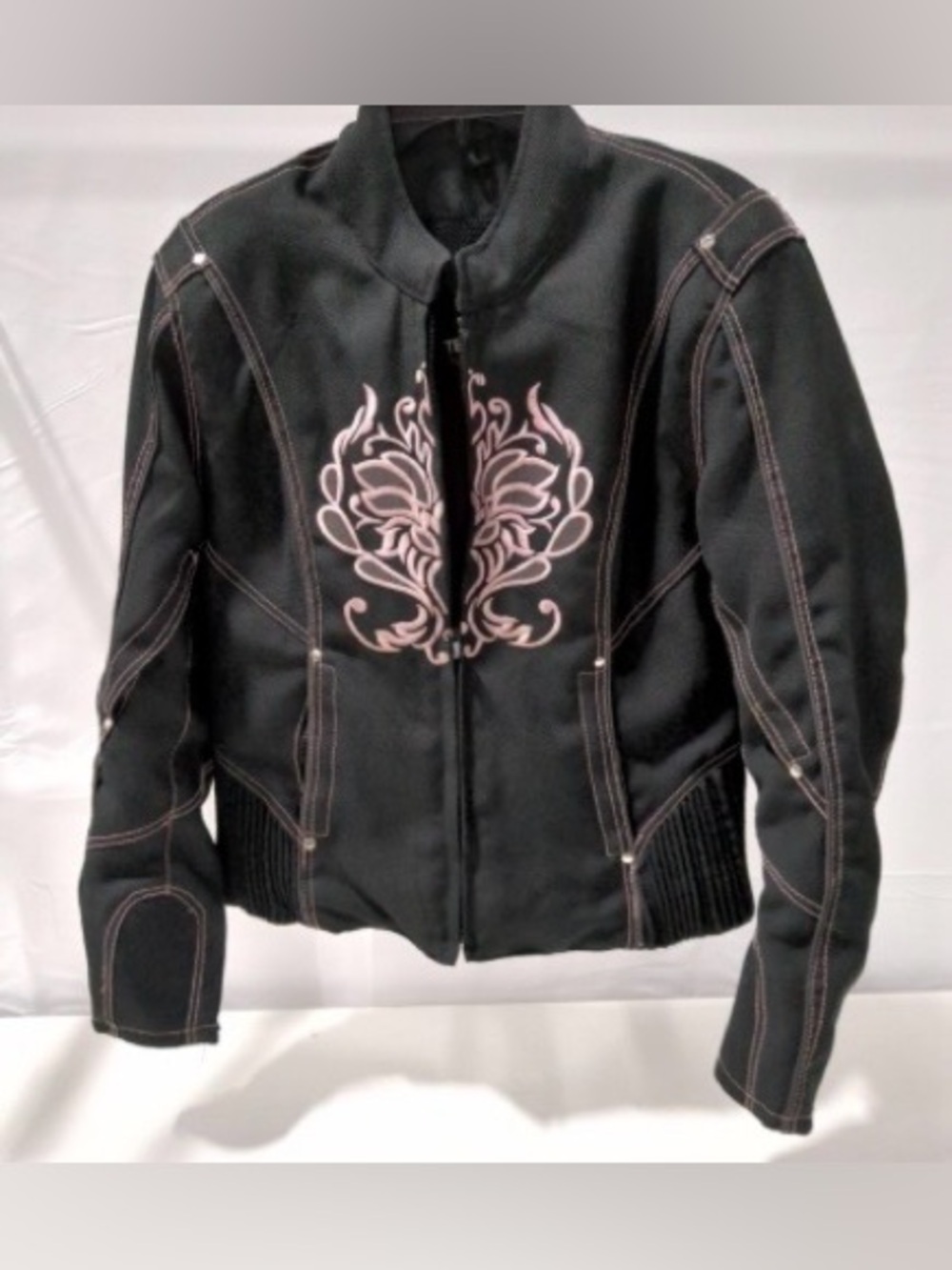 I-K Textiles Women’s Black motorcycle Jacket with Pink Embroidered Design
